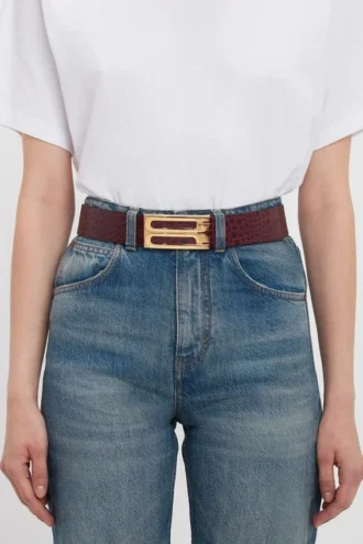 Jumbo-Dorian-Gürtel aus burgunderrotem Kalbsleder mit Krokodilprägung