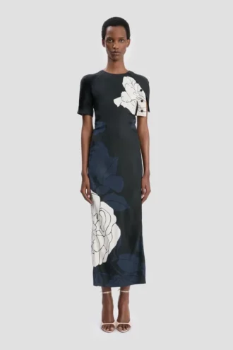 Midi-Kleid mit geschlitztem Saum in dunkelblauem Blumenmuster